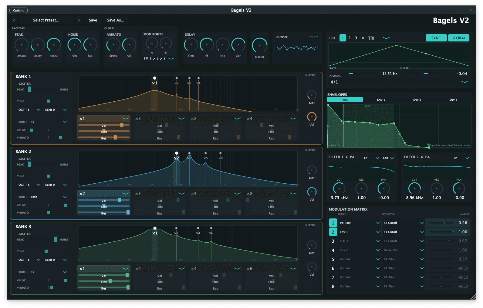 Bagels V2 showing three combined resonator spectrum banks