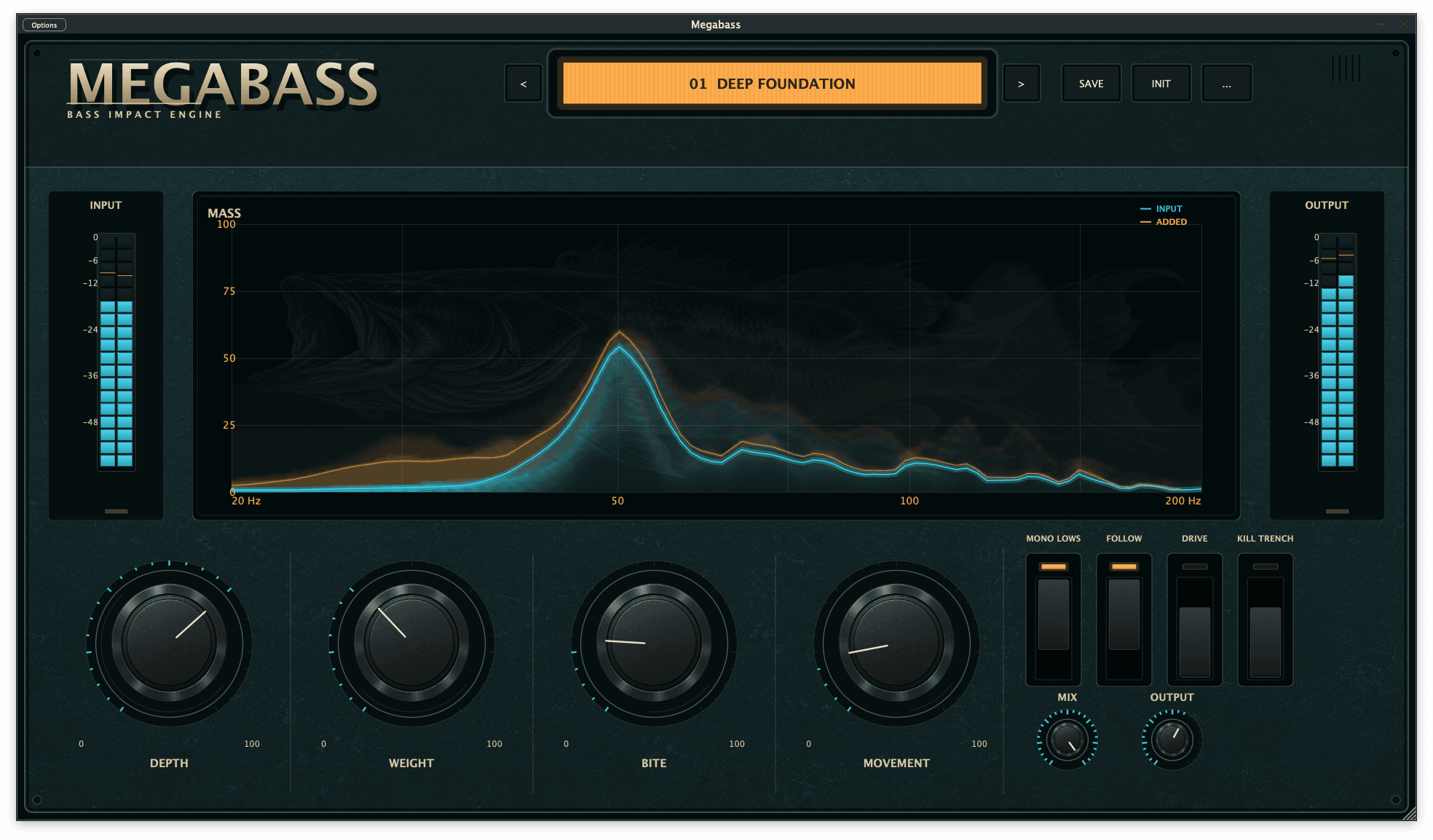 Megabass showing bass impact controls, MASS visualisation and stereo meters